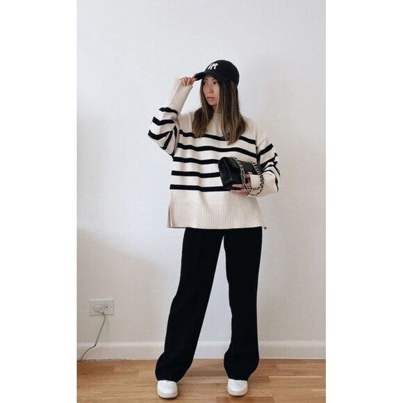 Striped Turtleneck Sweater with Shoulder Button Detail Nautical French Girl S - Picture 1 of 8